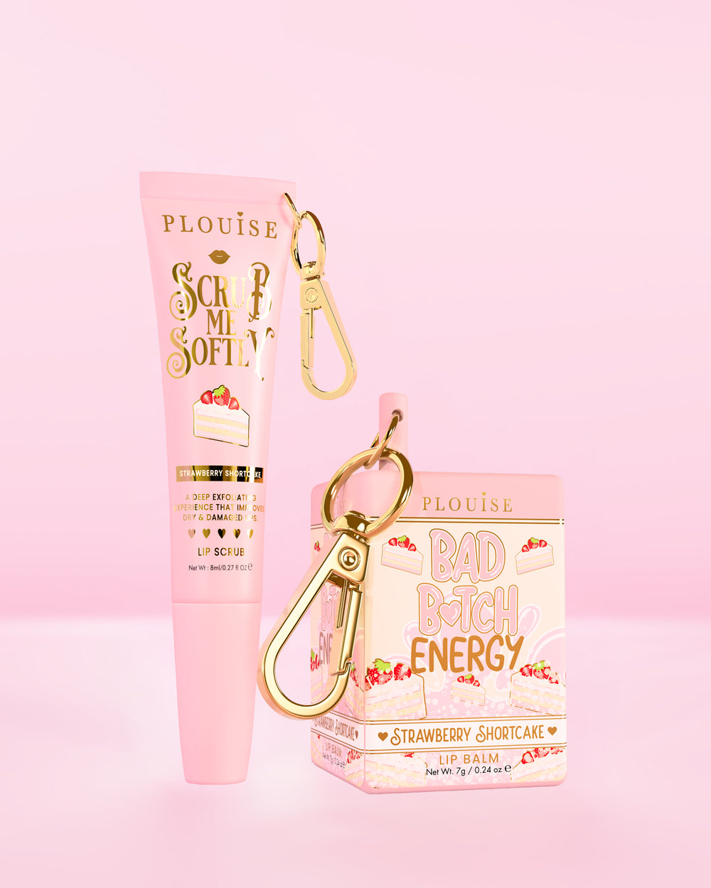 P.Louise Moisture Magic Duo med en læbepomade og en tube læbe scrub begge i jordbærsmåkageduft