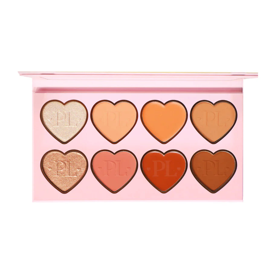 Een afbeelding van het P.Louise All Over The Place Face Palette met verschillende kleurtinten in liefdeshartvormen