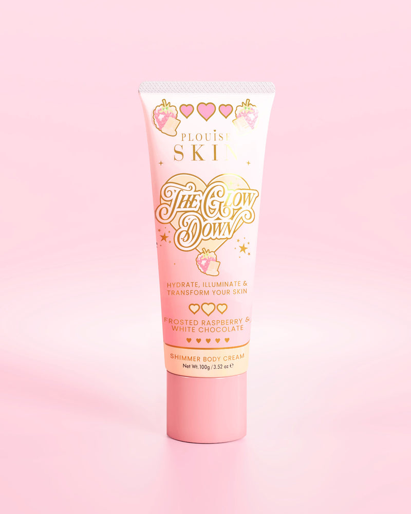 The Glow Down Body Shimmer – Frostet bringebær og hvit sjokolade