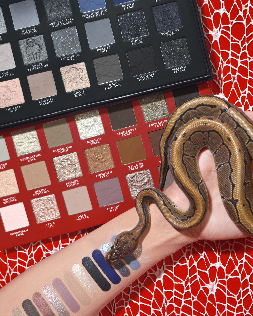 Palette de fards à paupières et de maquillage d'Halloween P.Louise Mystic Moonlight avec des échantillons sur un bras avec un serpent enroulé autour sur un fond de toile d'araignée rouge
