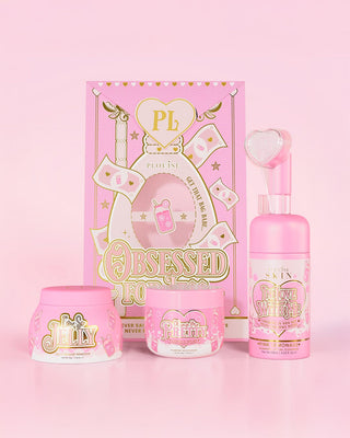 P.Louise Obsessed For Less in pink lemonade scent featuring a face wash, makeup remover and ace moisturiser
