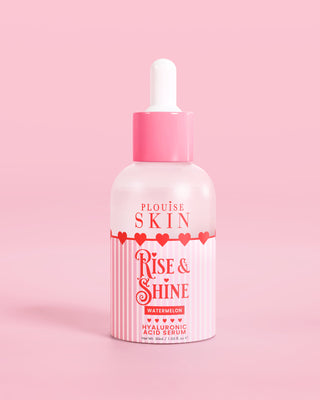 Pink red and white bottle of P.Louise Rise & Shine Hyaluronic Acid serum in watermelon