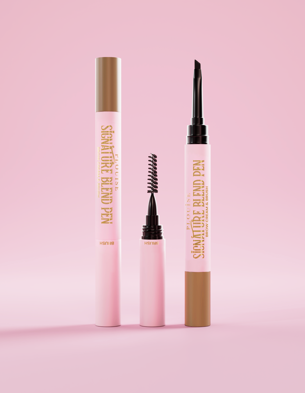 Stylo à sourcils P.Louise Signature Blend, avec des couvercles à chaque extrémité vous montrant chaque applicateur à l'extrémité sur un fond rose