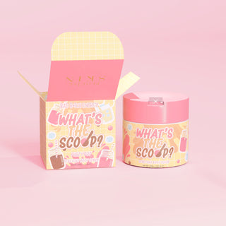 P.Louise 'What's the Scoop?' stretchy body scrub in fizzy pop scent with a fizzy pop design packaging on a pink background