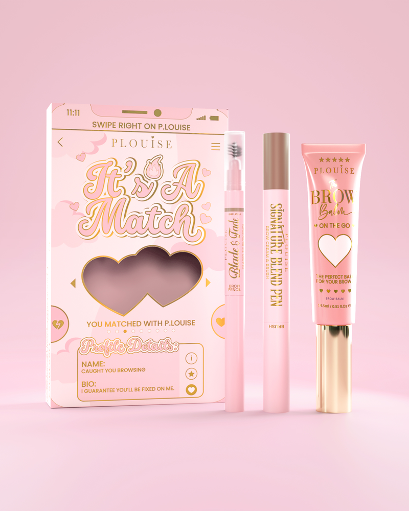 It's A Match cosmetic eyebrow set including P.Louise Signature Blend Pen, Blade & Fade Brow Pencil, and Brow Balm, packaged in pink and gold themed boxes with heart motifs.