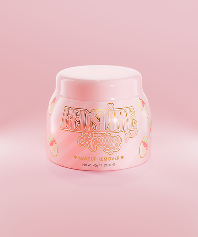 Růžová nádoba P.Louise Bedslime Routine Jelly Cleanser Makeup Removing Cleanser s designem jahod a krému.
