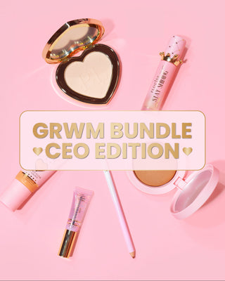 A collection of P.Louise cosmetics including an under eye brightening powder, baked bronzer, clear eyebrow gel, liquid blush, lip liner, and lip oil, all displayed on a pink background with the text 'GRWM Bundle CEO Edition' across the center.