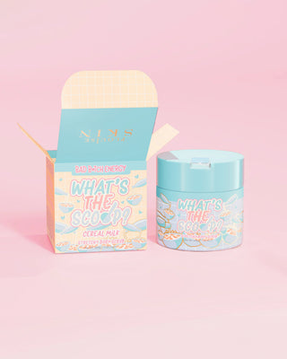 P.Louise 'What's the Scoop?' stretchy body scrub in cereal milk scent with a cereal milk design packaging on a pink background