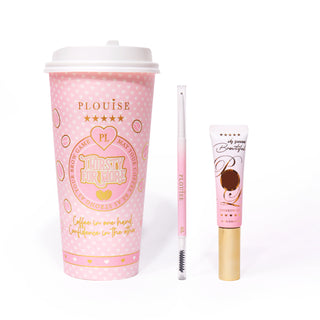 A product image featuring a double-ended eyebrow pencil next to a tube of eyebrow gel, next to a pink coffee cup with pink and gold blending against a white background