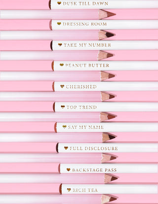 An image of the P.Louise Ultimate Definition Sharpenable Lip Liners in a row showing the bottoms and the name of each shades on the pencil