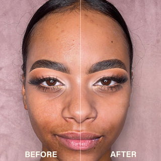 An image of a girls face showing her face split with a before and after using the P.Louise Partner In Pink Pore Perfecting Blurring Primer